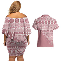 Fiji Marau na Kerisimasi Couples Matching Off Shoulder Short Dress and Hawaiian Shirt Dusty Rose Tagimoucia Tapa Masi Tribal LT9 - Polynesian Pride