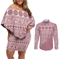Fiji Marau na Kerisimasi Couples Matching Off Shoulder Short Dress and Long Sleeve Button Shirt Dusty Rose Tagimoucia Tapa Masi Tribal LT9 Pink - Polynesian Pride