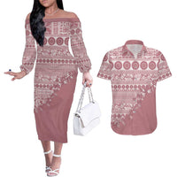 Fiji Marau na Kerisimasi Couples Matching Off The Shoulder Long Sleeve Dress and Hawaiian Shirt Dusty Rose Tagimoucia Tapa Masi Tribal LT9 Pink - Polynesian Pride