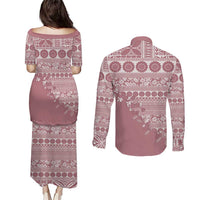 Fiji Marau na Kerisimasi Couples Matching Puletasi and Long Sleeve Button Shirt Dusty Rose Tagimoucia Tapa Masi Tribal LT9 - Polynesian Pride