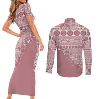 Fiji Marau na Kerisimasi Couples Matching Short Sleeve Bodycon Dress and Long Sleeve Button Shirt Dusty Rose Tagimoucia Tapa Masi Tribal LT9 - Polynesian Pride
