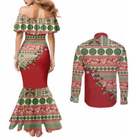 Fiji Marau na Kerisimasi Couples Matching Mermaid Dress and Long Sleeve Button Shirt Red Tagimoucia Tapa Masi Tribal LT9 - Polynesian Pride