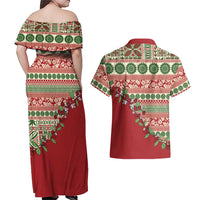 Fiji Marau na Kerisimasi Couples Matching Off Shoulder Maxi Dress and Hawaiian Shirt Red Tagimoucia Tapa Masi Tribal LT9 - Polynesian Pride