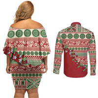 Fiji Marau na Kerisimasi Couples Matching Off Shoulder Short Dress and Long Sleeve Button Shirt Red Tagimoucia Tapa Masi Tribal LT9 - Polynesian Pride