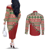 Fiji Marau na Kerisimasi Couples Matching Off The Shoulder Long Sleeve Dress and Long Sleeve Button Shirt Red Tagimoucia Tapa Masi Tribal LT9 - Polynesian Pride