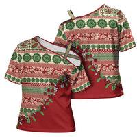 Fiji Marau na Kerisimasi Cross Shoulder Shirt Red Tagimoucia Tapa Masi Tribal - Polynesian Pride