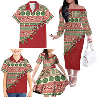 Fiji Marau na Kerisimasi Family Matching Off The Shoulder Long Sleeve Dress and Hawaiian Shirt Red Tagimoucia Tapa Masi Tribal LT9 - Polynesian Pride