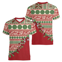 Fiji Marau na Kerisimasi Women V-Neck T-Shirt Red Tagimoucia Tapa Masi Tribal LT9 - Polynesian Pride