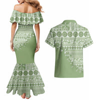 Fiji Marau na Kerisimasi Couples Matching Mermaid Dress and Hawaiian Shirt Sage Green Tagimoucia Tapa Masi Tribal LT9 - Polynesian Pride