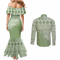 Fiji Marau na Kerisimasi Couples Matching Mermaid Dress and Long Sleeve Button Shirt Sage Green Tagimoucia Tapa Masi Tribal LT9 - Polynesian Pride