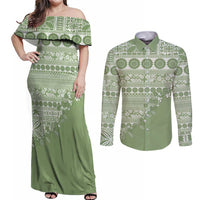 Fiji Marau na Kerisimasi Couples Matching Off Shoulder Maxi Dress and Long Sleeve Button Shirt Sage Green Tagimoucia Tapa Masi Tribal LT9 Green - Polynesian Pride
