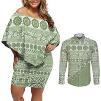 Fiji Marau na Kerisimasi Couples Matching Off Shoulder Short Dress and Long Sleeve Button Shirt Sage Green Tagimoucia Tapa Masi Tribal LT9 Green - Polynesian Pride