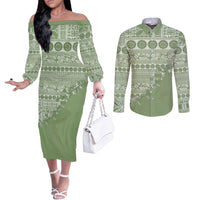 Fiji Marau na Kerisimasi Couples Matching Off The Shoulder Long Sleeve Dress and Long Sleeve Button Shirt Sage Green Tagimoucia Tapa Masi Tribal LT9 Green - Polynesian Pride