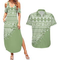 Fiji Marau na Kerisimasi Couples Matching Summer Maxi Dress and Hawaiian Shirt Sage Green Tagimoucia Tapa Masi Tribal LT9 Green - Polynesian Pride