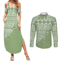 Fiji Marau na Kerisimasi Couples Matching Summer Maxi Dress and Long Sleeve Button Shirt Sage Green Tagimoucia Tapa Masi Tribal LT9 Green - Polynesian Pride