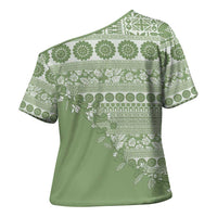 Fiji Marau na Kerisimasi Cross Shoulder Shirt Sage Green Tagimoucia Tapa Masi Tribal - Polynesian Pride