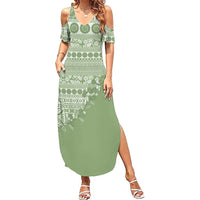 Fiji Marau na Kerisimasi Family Matching Summer Maxi Dress and Hawaiian Shirt Sage Green Tagimoucia Tapa Masi Tribal LT9 Mom's Dress Green - Polynesian Pride