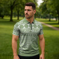Fiji Marau na Kerisimasi Zipper Polo Shirt Sage Green Tagimoucia Tapa Masi Tribal LT9 - Polynesian Pride