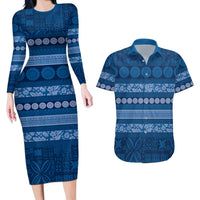 Fiji Marau na Kerisimasi Couples Matching Long Sleeve Bodycon Dress and Hawaiian Shirt Blue Tapa Masi Inspired Christmas LT9 Blue - Polynesian Pride