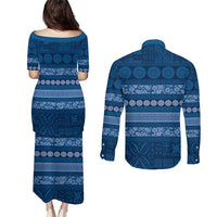 Fiji Marau na Kerisimasi Couples Matching Puletasi and Long Sleeve Button Shirt Blue Tapa Masi Inspired Christmas LT9 - Polynesian Pride