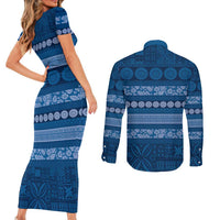 Fiji Marau na Kerisimasi Couples Matching Short Sleeve Bodycon Dress and Long Sleeve Button Shirt Blue Tapa Masi Inspired Christmas LT9 - Polynesian Pride