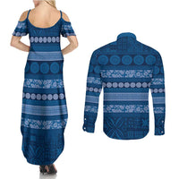 Fiji Marau na Kerisimasi Couples Matching Summer Maxi Dress and Long Sleeve Button Shirt Blue Tapa Masi Inspired Christmas - Polynesian Pride