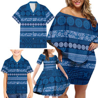 Fiji Marau na Kerisimasi Family Matching Off Shoulder Short Dress and Hawaiian Shirt Blue Tapa Masi Inspired Christmas LT9 - Polynesian Pride