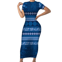 Fiji Marau na Kerisimasi Short Sleeve Bodycon Dress Blue Tapa Masi Inspired Christmas - Polynesian Pride