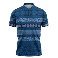 Fiji Marau na Kerisimasi Zipper Polo Shirt Blue Tapa Masi Inspired Christmas - Polynesian Pride