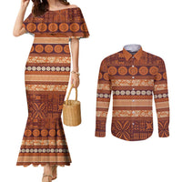 Fiji Marau na Kerisimasi Couples Matching Mermaid Dress and Long Sleeve Button Shirt Gold Tapa Masi Inspired Christmas LT9 Gold - Polynesian Pride