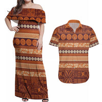 Fiji Marau na Kerisimasi Couples Matching Off Shoulder Maxi Dress and Hawaiian Shirt Gold Tapa Masi Inspired Christmas LT9 Gold - Polynesian Pride