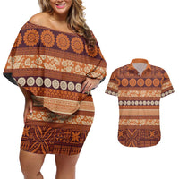 Fiji Marau na Kerisimasi Couples Matching Off Shoulder Short Dress and Hawaiian Shirt Gold Tapa Masi Inspired Christmas LT9 Gold - Polynesian Pride