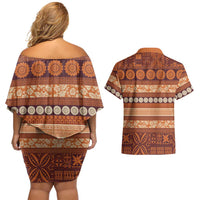 Fiji Marau na Kerisimasi Couples Matching Off Shoulder Short Dress and Hawaiian Shirt Gold Tapa Masi Inspired Christmas LT9 - Polynesian Pride