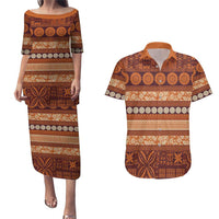 Fiji Marau na Kerisimasi Couples Matching Puletasi and Hawaiian Shirt Gold Tapa Masi Inspired Christmas LT9 Gold - Polynesian Pride
