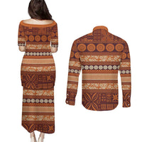 Fiji Marau na Kerisimasi Couples Matching Puletasi and Long Sleeve Button Shirt Gold Tapa Masi Inspired Christmas - Polynesian Pride