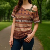 Fiji Marau na Kerisimasi Cross Shoulder Shirt Gold Tapa Masi Inspired Christmas - Polynesian Pride