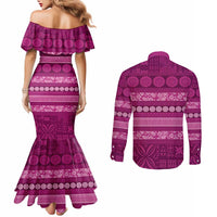 Fiji Marau na Kerisimasi Couples Matching Mermaid Dress and Long Sleeve Button Shirt Pink Tapa Masi Inspired Christmas LT9 - Polynesian Pride