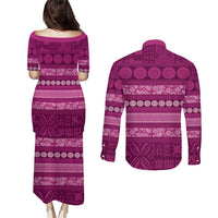 Fiji Marau na Kerisimasi Couples Matching Puletasi and Long Sleeve Button Shirt Pink Tapa Masi Inspired Christmas - Polynesian Pride