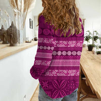 Fiji Marau na Kerisimasi Women Casual Shirt Pink Tapa Masi Inspired Christmas - Polynesian Pride