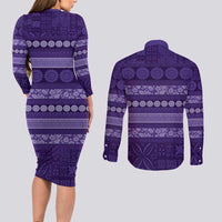 Fiji Marau na Kerisimasi Couples Matching Long Sleeve Bodycon Dress and Long Sleeve Button Shirt Purple Tapa Masi Inspired Christmas LT9 - Polynesian Pride