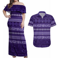 Fiji Marau na Kerisimasi Couples Matching Off Shoulder Maxi Dress and Hawaiian Shirt Purple Tapa Masi Inspired Christmas LT9 Purple - Polynesian Pride