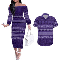 Fiji Marau na Kerisimasi Couples Matching Off The Shoulder Long Sleeve Dress and Hawaiian Shirt Purple Tapa Masi Inspired Christmas LT9 Purple - Polynesian Pride