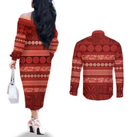Fiji Marau na Kerisimasi Couples Matching Off The Shoulder Long Sleeve Dress and Long Sleeve Button Shirt Red Tapa Masi Inspired Christmas LT9 - Polynesian Pride