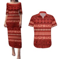 Fiji Marau na Kerisimasi Couples Matching Puletasi and Hawaiian Shirt Red Tapa Masi Inspired Christmas - Polynesian Pride
