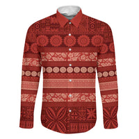 Fiji Marau na Kerisimasi Family Matching Off Shoulder Short Dress and Hawaiian Shirt Red Tapa Masi Inspired Christmas LT9 Dad's Shirt - Long Sleeve Red - Polynesian Pride