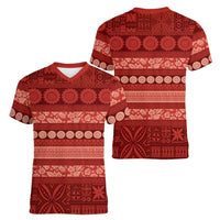 Fiji Marau na Kerisimasi Women V-Neck T-Shirt Red Tapa Masi Inspired Christmas - Polynesian Pride