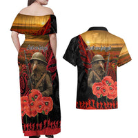 Maori Kiwi Soldier Fern Tattoo ANZAC Day Couples Matching Off Shoulder Maxi Dress and Hawaiian Shirt Lest We Forget LT9 - Polynesian Pride