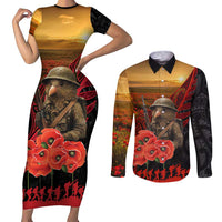 Maori Kiwi Soldier Fern Tattoo ANZAC Day Couples Matching Short Sleeve Bodycon Dress and Long Sleeve Button Shirt Lest We Forget LT9 Black - Polynesian Pride