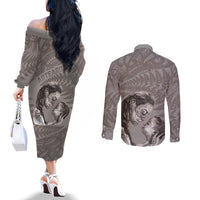 New Zealand Mother's Day Couples Matching Off The Shoulder Long Sleeve Dress and Long Sleeve Button Shirt Maori Mo Toku Mama Silver Fern LT9 - Polynesian Pride