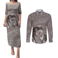 New Zealand Mother's Day Couples Matching Puletasi and Long Sleeve Button Shirt Maori Mo Toku Mama Silver Fern LT9 Nude - Polynesian Pride